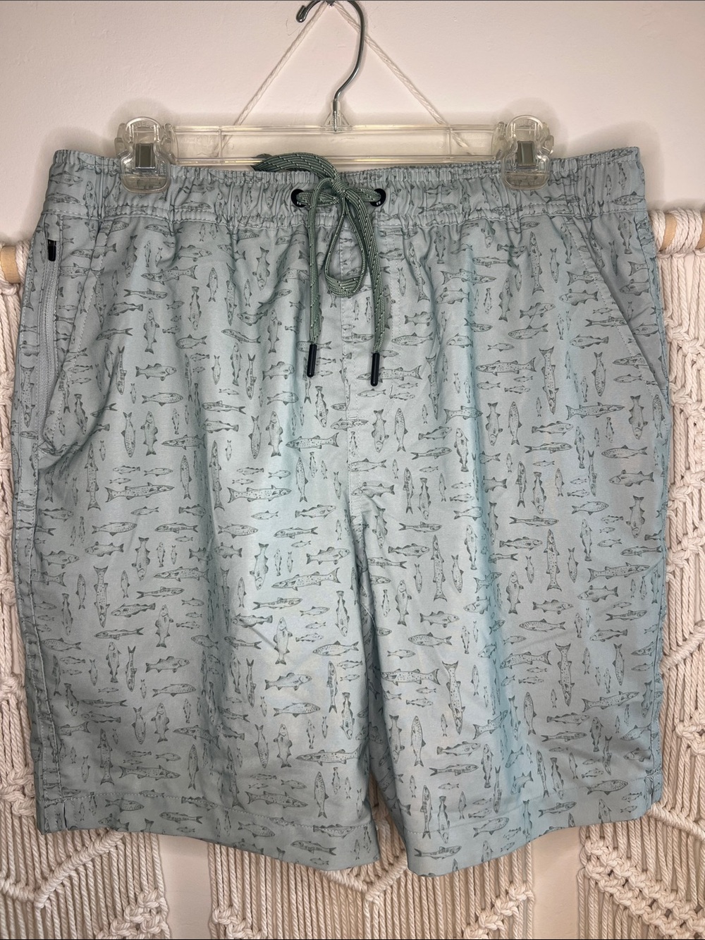 Eddie Bauer Pale Blue Fish-Pattern Swim Trunks